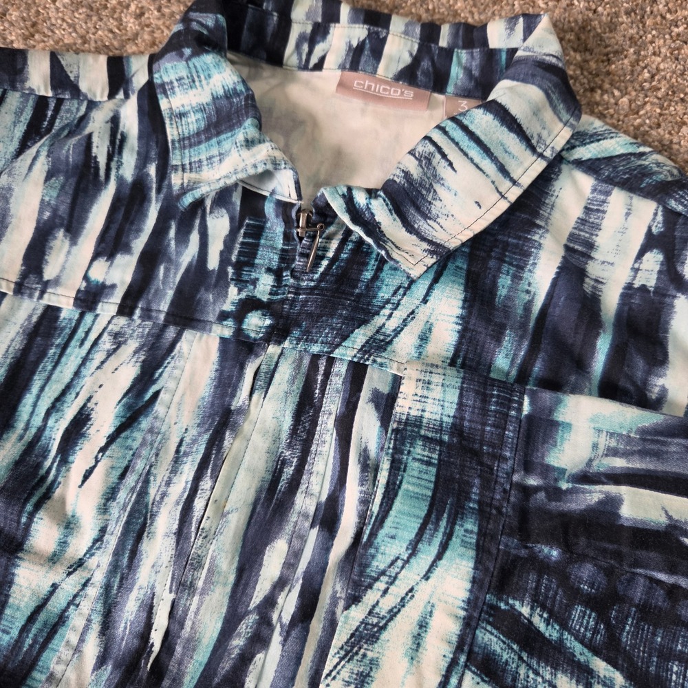 Chicos Blue White Abstract Print Zip Front Jacket Size 3 Large XL Cotton Blend